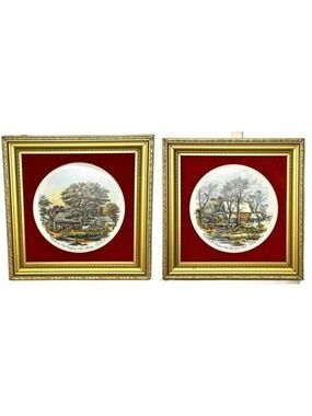 Vintage Currier & Ives Framed Porcelain Set of 2 - Autumn & Winter Plaques